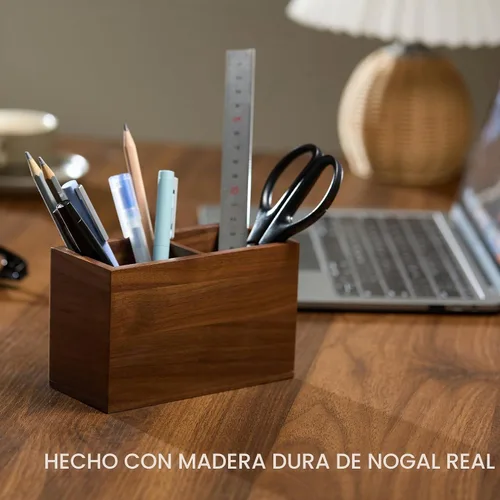 Vista 2 de KORUA Portalápices de madera de nogal (ranuras dobles) para escritorio