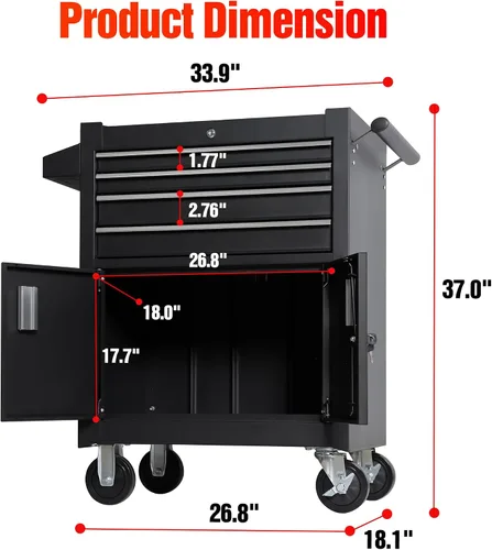 Vista 3 de 66 cm Caja de herramientas profesional con carro de acero de alta resistencia, caja de herramientas con ruedas con 4 cajones con cerradura