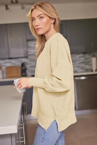 Vista 98 de Lillusory - Suéter extragrande con mangas de murciélago y cuello redondo para mujer, prenda moderna de otoño de tejido de punto sin botones