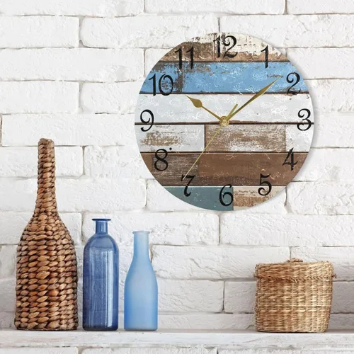 Vista 7 de Reloj de pared rústico retro con puerta de granero de madera, marrón, azul, funciona con pilas, silencioso, sin tictac, 10 pulgadas, reloj de mesa