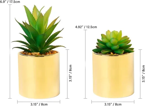 Vista 11 de Plantas artificiales suculentas de imitación de 7 y 5 pulgadas en macetas para decoración del hogar, juego de 2 macetas doradas
