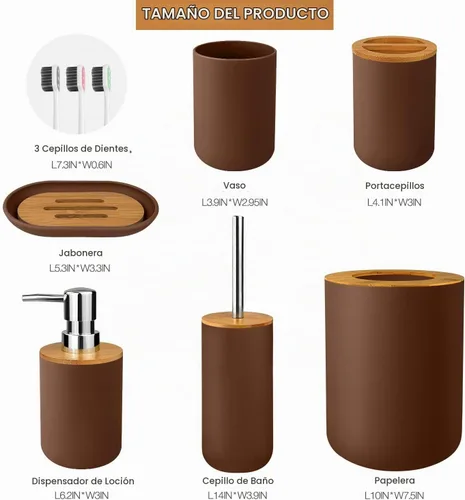 Vista 2 de Juego de 6 accesorios de baño de bambú y plástico, incluye vaso para cepillos de dientes, soporte para cepillos de dientes, dispensador de jabón