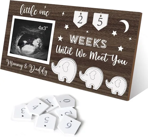 Vista 8 de Yudarte Ultrasound Picture Frame 4x3 Inch with Baby Countdown Weeks Sonogram - Pregnancy Announcement Golden Giraffe Nails and String Decor - Ideal