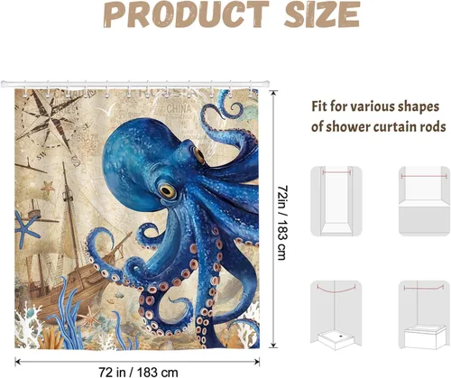 Vista 7 de Dazzlewall Cortina de ducha de pulpo, cortina de baño azul náutico, retro, decoración de baño, tela de poliéster impermeable con 12 ganchos, 72 x 72