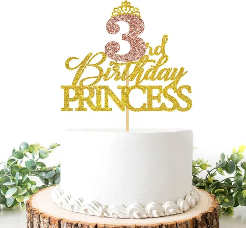 Vista 8 de Decoración de princesa para pastel de primer cumpleaños, letrero de corona brillante de oro rosa, palillos reutilizables para tartas para niñas