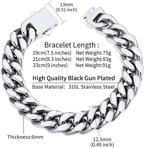 Vista 6 de ChainsHouse Pulsera de eslabones cubanos de acero inoxidable para hombre, 0.197in0.276in0.354in0.472in de ancho, 7.5"8.3"9" de largo, negro18K