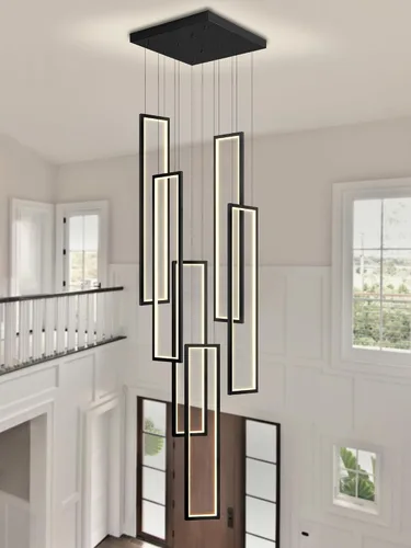 Vista 10 de Flashing God Candelabro moderno, candelabros cromados con 6 anillos LED, lámpara de techo alto más grande para sala de estar, lámpara rectangular