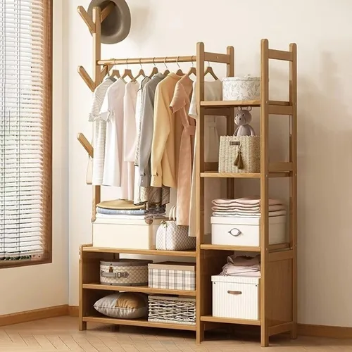 Vista 4 de Perchero de madera para colgar ropa con estantes de almacenamiento para entrada, pasillo, sala de estar