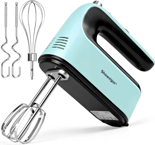 Vista 10 de Batidora de mano eléctrica, batidora de mano de 300 W con 5 accesorios de acero inoxidable, 5 velocidades ajustables + Turbo Boost y autocontrol