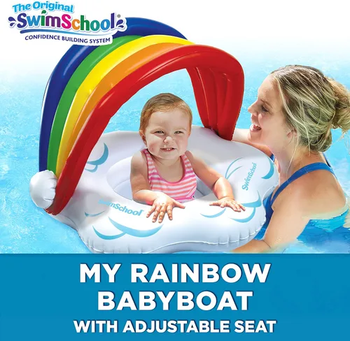 Vista 2 de SwimSchool Rainbow Baby First - Flotador de piscina para bebés de 6 a 18 meses, barco para bebé con asiento ajustable, arcoíris