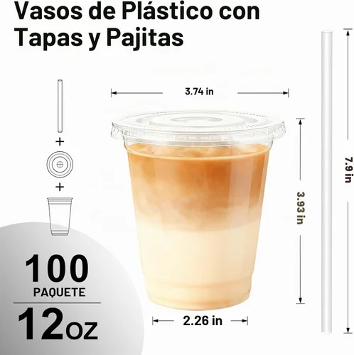 Vista 2 de Lamosi Paquete de 100 vasos de plástico transparente de 12 onzas con tapas y pajitas, tazas de café de plástico desechables con tapas para café