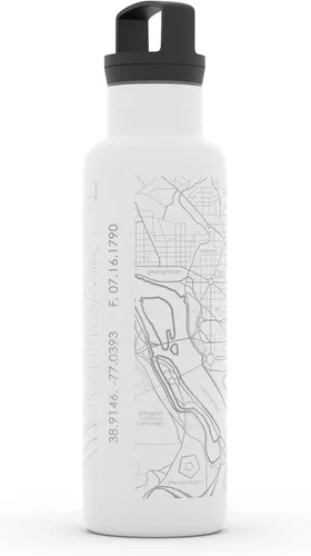 Vista 2 de Well Told Botella de agua aislada con mapa de Washington DC grabado, botella de acero inoxidable grabada (21 onzas, blanco) botella aislada de mapa