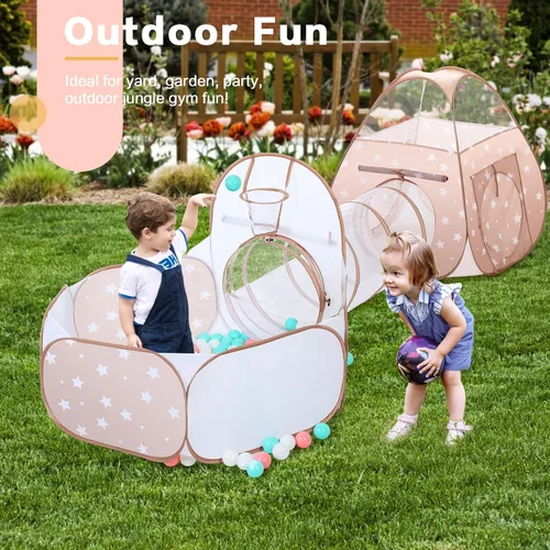 Vista 4 de GeerWest Tienda de campaña 3 en 1 para niños: con pozo de pelotas para bebés y túnel de juego, casa de juegos para interiores y exteriores con túnel
