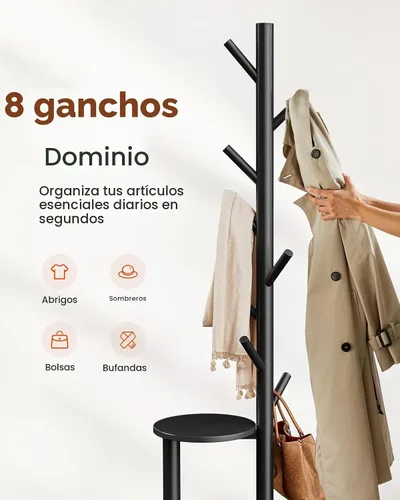 Vista 5 de Pipishell Perchero independiente de madera maciza con 8 ganchos y estantes 2 estantes de almacenamiento, base grande de una sola pieza
