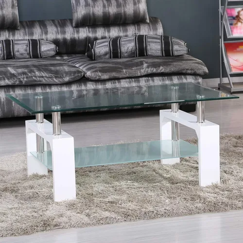 Vista 3 de Mesa de centro rectangular de cristal, mesa de centro lateral moderna blanca con estante inferior patas de metal, traje para sala de estar