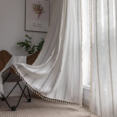 Vista 14 de 2 paneles de cortinas de lino semiopacas para ventana, bohemias y rústicas, con rayas bordadas y bolsillo para cortinero, para sala de estar