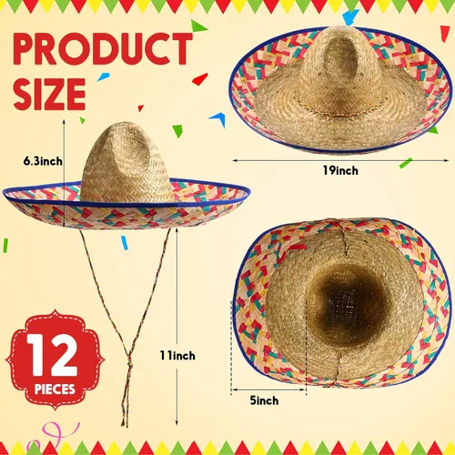 Vista 2 de Mumufy 12 sombreros para adultos, hombres y mujeres, con sombrero de paja para barbilla, fiesta de disfraces mexicanos (color clásico)