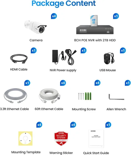 Vista 9 de ZOSI 4K PoE Sistema de cámaras de seguridad, 4 piezas 8MP Cámaras Bullet para interior y exterior con detección de personas y vehículos, conteo