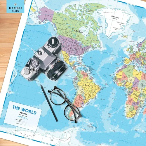 Vista 2 de Póster de mapa del mundo para pared, tamaño grande, 37 x 26 pulgadas, mapa político del mundo de Hambli 2026, borrado para escritura, reverso