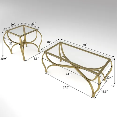 Vista 3 de Juego de mesa auxiliar de 3 piezas con vidrio templado, mesa auxiliar rectangular y 2 mesas auxiliares cuadradas, juego moderno de muebles de sala
