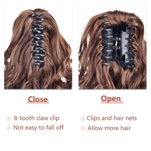 Vista 3 de Extensiones de cabello castaño para mujer, pinza de extensiones de cabello rizado de 12 pulgadas, extensiones de cabello sintético de cola