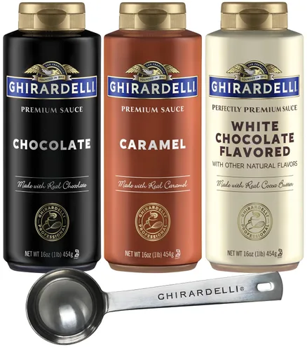 Vista 14 de Ghirardelli 1 - Salsas de caramelo y 2 - salsa de caramelo con sal marina, botellas de presión de 16 oz con cuchara barista estampada