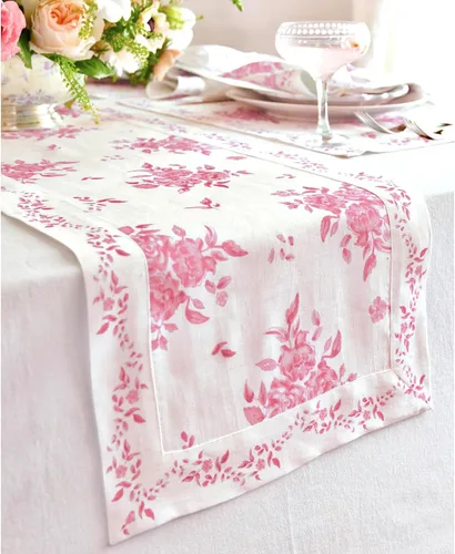 Vista 2 de Solino Home Camino de mesa con estampado floral rosa de 36 pulgadas, camino de mesa de lino 100% puro de 14 x 36 pulgadas para primavera, verano
