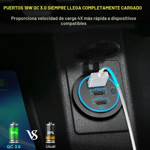 Vista 4 de Enchufe USB C para cargador de coche – 58 W alargado RV USB Outlet 12V Socket Dual 20W PD3.0 USB-C y 18W QC3.0 Puerto USB de coche con interruptor