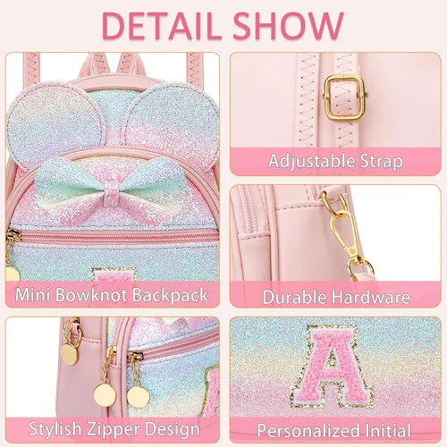 Vista 4 de KKXIU Mochilas Mini con Moño Inicial para Niñas y Mujeres, Linda Mochila Pequeña con Asa de Bolso, Regalos Personalizados para Niños, Arcoíris
