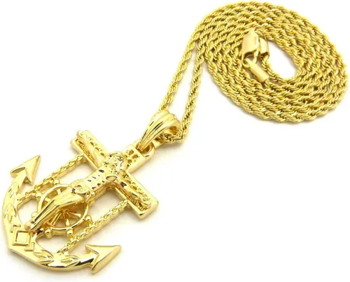 Vista 3 de Shiny Jewelers USA - Colgante de cadena cubana de cuerda para hombre Jesús con ancla de cruz y cadera, 24.0in