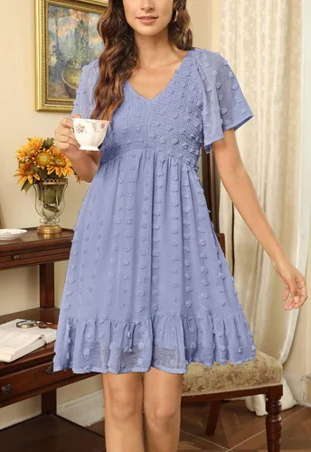Vista 3 de Annebouti Vestido corto de verano para mujer, manga corta, cuello en V, volantes, floral, lunares suizos, fruncido