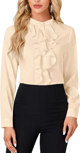 Vista 15 de LYANER - Blusa de cuello alto con botones, volantes en el frente, manga larga, camisa de trabajo para mujer