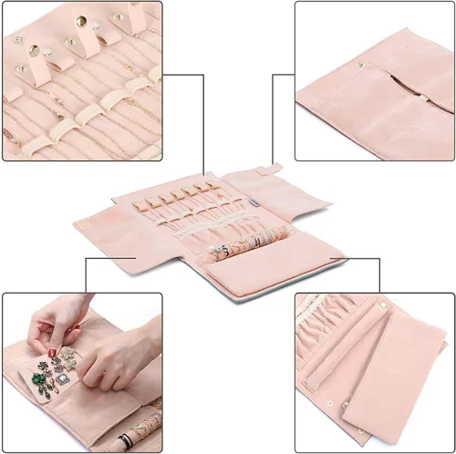 Vista 4 de Becko - Organizador de joyas para múltiples collares anillos pulseras de piel flexible y gamuza gran capacidad sin arrugas ligero portátil