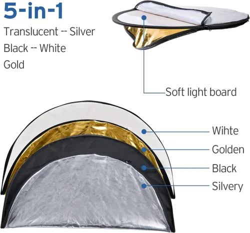 Vista 2 de Etekcity Reflector para fotografía de 24 pulgadas (60 cm) 5 en 1, reflectores de luz multidisco para fotografía, plegable con bolsa - Translúcido