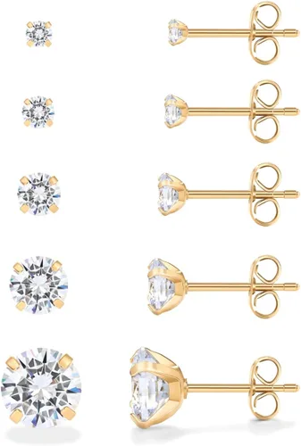 Vista 9 de PAVOI Waterproof CZ Stud Earrings for Women, 14K Gold Plated Set of 5 Studs Oro rosa