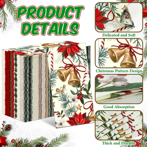 Vista 4 de 150 servilletas florales de Navidad de 3 capas desechables de papel para invitados, servilletas para baño, Navidad, vacaciones, boda, aniversario