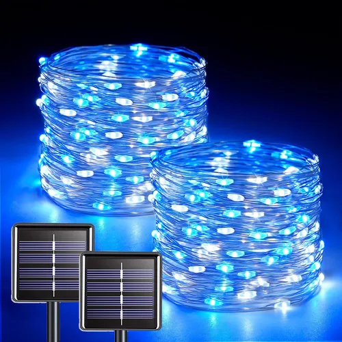 Vista 9 de JMEXSUSS Paquete de 2 luces solares de Navidad impermeables para exteriores, 100 LED de 33 pies, color blanco y multicolor, luces solares de hadas