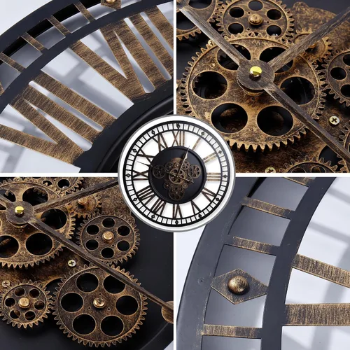 Vista 4 de Reloj de pared digital grande de 24 pulgadas con engranajes móviles reales, reloj redondo silencioso de metal industrial vintage para dormitorio