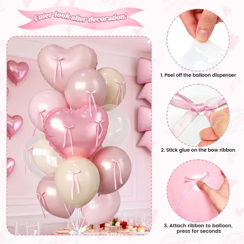 Vista 8 de 16 globos de corazón rosa, globos de lazo de 38 pulgadas, globo transparente rosa perla de doble relleno y arco en forma de corazón globo