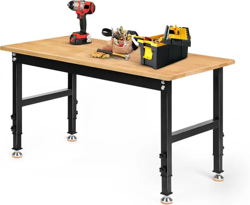 Vista 16 de Betterhood Banco de trabajo de altura ajustable, estación de trabajo resistente con parte superior de madera de goma de 48 pulgadas con tomas