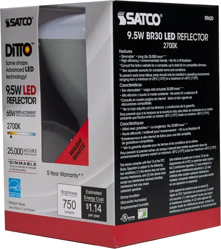Vista 7 de Satco S9620 - Bombillas reflectoras LED BR30 de 9.5 W, 2700 K, blanco cálido, 750 lúmenes, base media E26, regulable (12 bombillas)