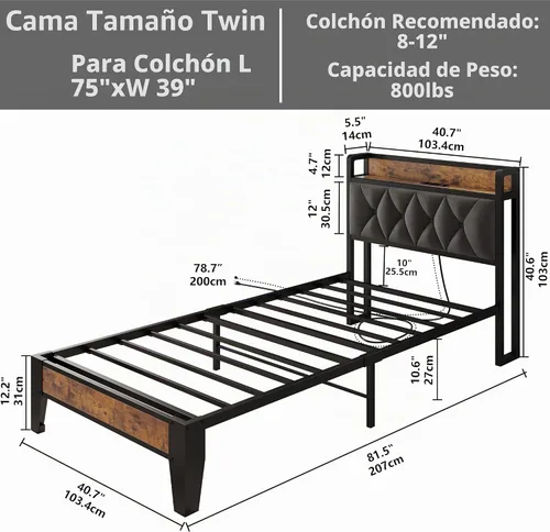 Vista 2 de ANCTOR Base de cama tamaño individual, cabecera tapizada capitonada con almacenamiento integrado y tomas de corriente, marco de metal resistente