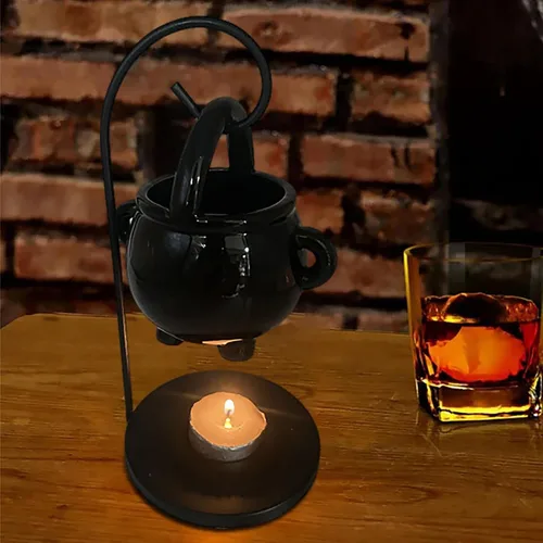 Vista 3 de Quemador de aceite de caldero colgante, adornos para quemador de cera de Halloween, calentador de cera negra, difusor de aroma con asa