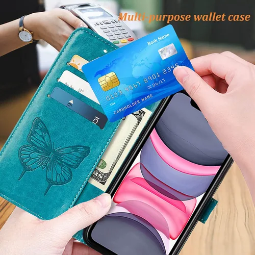 Vista 3 de Funda tipo cartera para iPhone 11, diseño de mariposas y flores (azul) Embossed PU Leather, TPU Interior, Flip Case Folio Cover, Stand, Cash