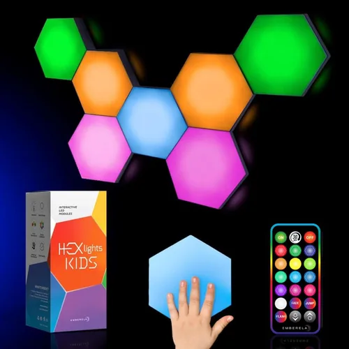 Vista 7 de Emberela HEXlights - Paquete de 3 luces hexagonales, paneles de pared RGB con control táctil y remoto, paneles de luz LED para sala de estar