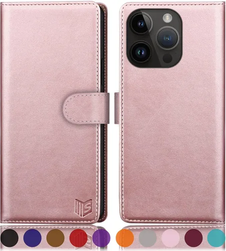 Vista 24 de SUANPOT Funda protectora tipo cartera con función atril para iPhone 15 de 6.1 pulgadas, con soporte para tarjetas de crédito RFID, funda de piel