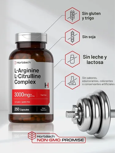Vista 4 de Horbäach L-Arginina L-Citrulina Complejo 3000mg 250 Cápsulas Suplemento sin OMG, sin gluten Suplemento sin OMG, sin gluten
