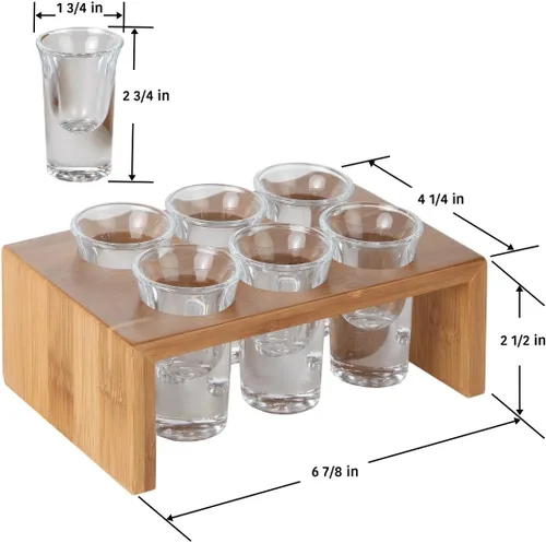 Vista 3 de Lily's Home Juego de soporte de bambú para chupito con 6 vasos transparentes de base pesada de 1 onza – Fácil de transportar, elegante de mostrar