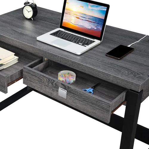 Vista 6 de Convenience Concepts Newport - Escritorio de 2 cajones con estación de carga, gris desgastado/negro
