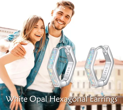 Vista 6 de Aretes de ópalo de plata de ley 925 geométrica hexagonalestrellaclip de papel, aretes de aro blanco ópaloconcha de abulón, regalo para mujeres